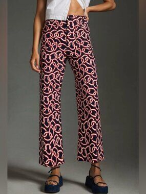 Maeve Anthropologie The Colette Pants Navy Red Chain Print Wide Leg Cropped 28
